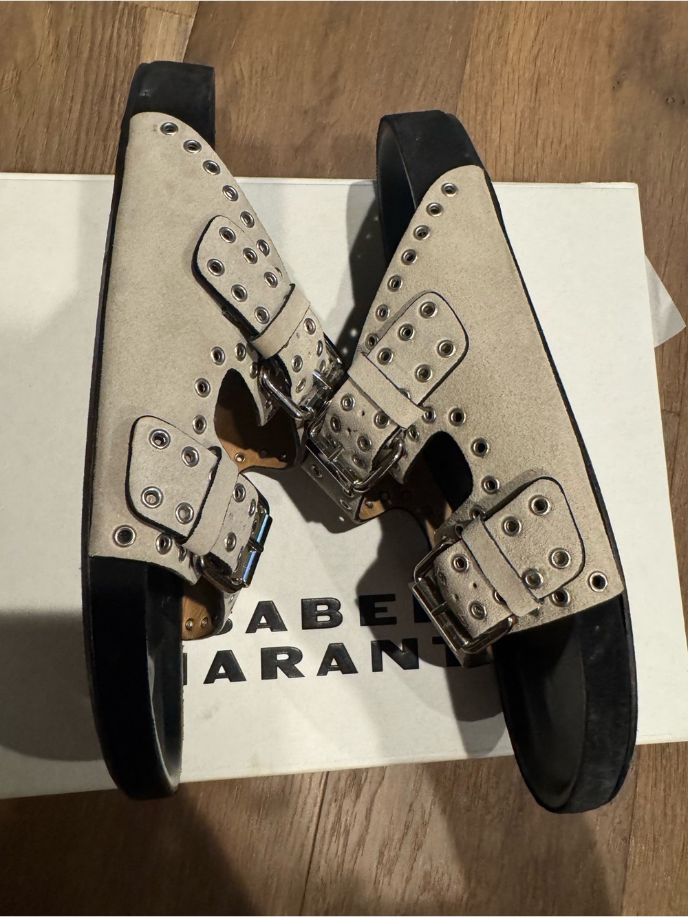 Isabel Marant Lennyo Eyelet Suede Double-Buckle Slide Sandals - Beige Sz 39 - Picture 4 of 8